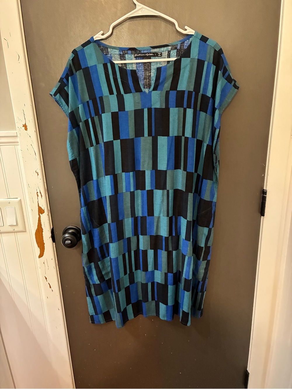 Gudrun Sjoden Blue and Teal, eco friendly ORGANIC LINEN Geometric Tunic Dress